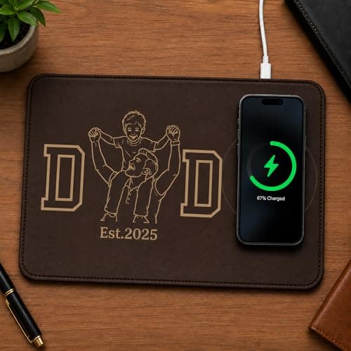 Personalized Dad Wireless Charging Mat, Custom Leather Charging Pad for Dad from Son, Line Art Father and Child Gift, Birthday Gift for Daddy, Faux Leather Desk Charger