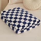 Fleece Throw Blanket Checkered for Sofa - Velvet Fluffy Cosy Warm Blankets for Bed, Soft Cute Single King Size Double Bed Throw Gifts for Women and Girls(Blue Check,200x230cm)