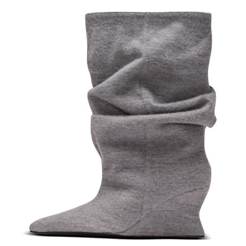 Aorikro Slouchy Mid Calf Boots For Women Pointed Toe Wedge Heels Slouch Pull On Wide Calf Boots Grey