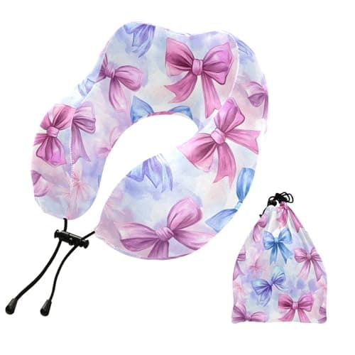 ZOEO Travel Pillow for Neck Head, Pink Blue Bows Memory Foam Padding Sleeping Airplane Trains Cars Camping Office