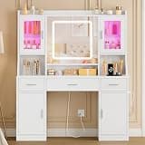 FIONESO Vanity Desk with Mirror and Lights, Makeup Vanity with 2 RGB Cabinets, 2 Large Cabinets and 3 Drawers, Power Outlet & 10 Mental Hooks, 3 Colors Modes for Bedroom, White