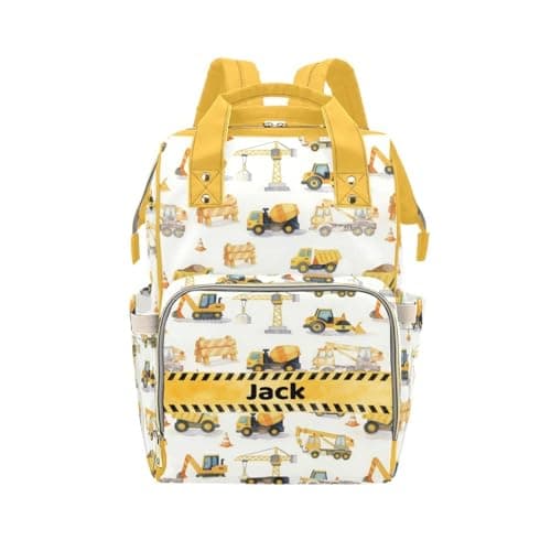 Naseagleeye Personalized Construction Truck Diaper Backpack with Name, Custom Baby Bag for Mom and Dad, Waterproof Nursing Backpack, Gift for Baby Shower