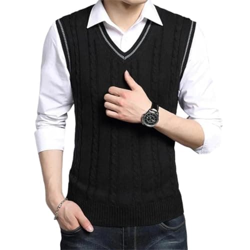 Men Knitted Sweater Vest Soft Slim Handsome Preppy Style Sleeveless Pullover Black 3XL