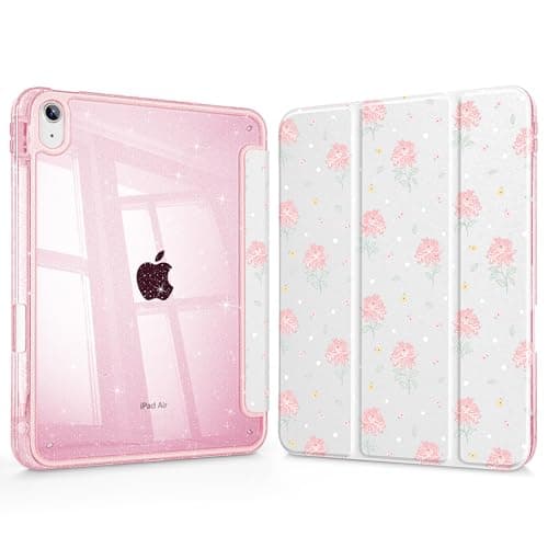 ICEKEE for iPad Air 11 inch M4/M3/M2 (2026/2025/2024), iPad Air 5th/4th Gen (2022/2020) 10.9 inch with Pencil Holder, Glitter Clear Pretevtive Cover, Auto Wake/Sleep, Pnk Flower