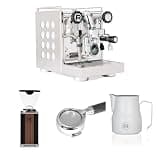 Rocket Appartamento 2.0 Espresso Machine (White) Bundle with Giannino Espresso Grinder (Black/Wood), 58mm Bottomless Portafilter & 12oz Matte White Frothing Pitcher