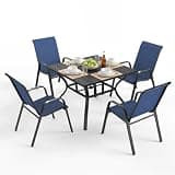 Outdoor Patio Dining Set for 4, 5 Pieces Patio Table and Chairs Set with Umbrella Hole, 37.8"x 37.8" Square Metal Wood-Grain Dining Table Set with 4 Stackable Patio Chairs for Deck , Backyard, Porch