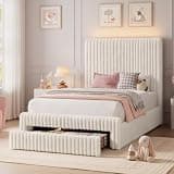Glirun Twin Size Faux Fur Bed Frame with LED Headboard, Modern Bed Frame with Drawer, No Box Spring Needed, Noise-Free, for Kids/Apartment, Cream White