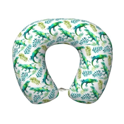 Fuzquwu Green Lizard Printed U-Shaped Travel Neck Pillow, Memory Foam Pillow for Airplane, Train and Car Travel