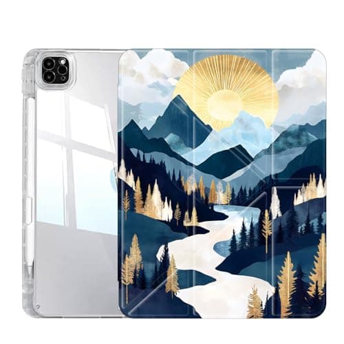 Case for iPad Pro 13 Inch (M5/M4) 2025/2024, Slim Clear Case with Pencil Holder, Multi-Angles Folding Y-Shaped Stand Cover, Valley Sunrise Mountains