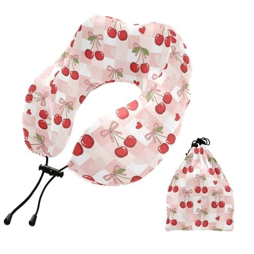 SPRIPORT Cute Cherries Bows Pattern Travel Neck Pillow for Sleeping Airplane Memory Foam Neck Support Pillow with Storage Bag Flight Pillow for Office Home Car Train Bus Long Flight Adults Kids