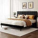 QVUUOU King Size Velvet Upholstered Platform Bed with Height-Adjustable Headboard, Sturdy Steel Frame and Wood Slats, No-Spring Mattress Compatible, Easy Assembly, Black