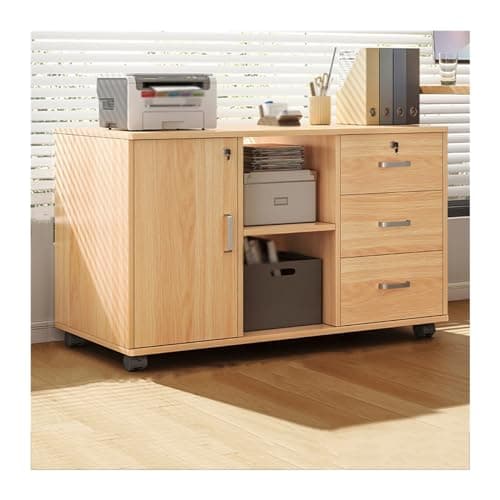 YUHUAWF File Cabinets Office File Cabinet Under Desk Storage Cabinet Three Drawers Two Compartments One Door Storage Cabinet Wooden Locking Plant Sideboards File Storage Cabinets(Beige)