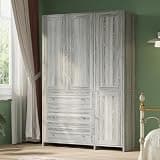 VOWNER Armoire Wardrobe Closet with Drawers and Mirror, 71" Clothing Storage Cabinet with Hanging Rod, 4 Doors Wooden Wardrobe Cabinet for Bedroom, Large Capacity Storage (1, Gray Oak)