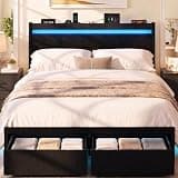 XKLOGER Full Bed Frame with Drawers, Platform Bed with LED Lights & Charging Station, Wood Headboard, Strong Metal Slats Support, No Box Spring Needed, Noise Free, Easy Assembly