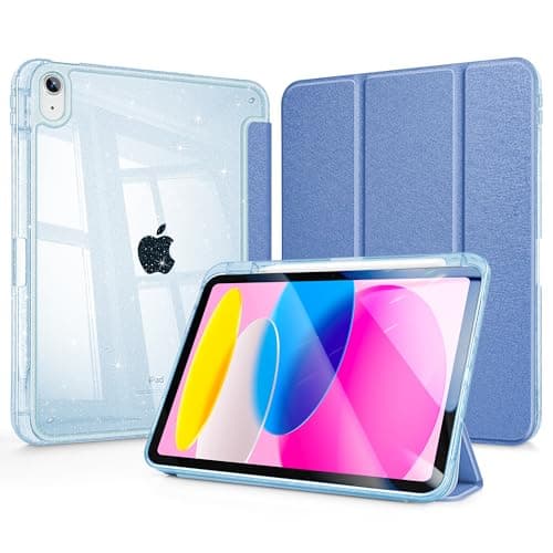May Chen Gitter Pearl Silk for iPad (A16) 11th Generation Case 11 inch 2025, iPad 10th Gen Case 2022 10.9 inch, Sparkly Clear Back PC Protective Stand Back Cover with Pencil Holder, Azure Blue
