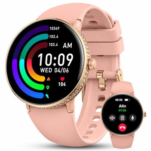 38mm AMOLED Smart Watches Fitness Tracker for Women Men Compatible with Android iPhone, Fit Watch with Step Counter, Sleep & Calorie Monitor, 110+ Sports, IP68 Waterproof, Bluetooth calls (Pink)