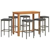 TUERYAFEK 7 Piece Patio Bar Set with Solid Acacia Wood Table and PE Rattan Stools, Gray Finish, Thick Padded Cushions with Removable Covers