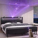 King Size Bed Frame with Star Projector & Charging Station, PU Leather Upholstered Platform with 2-Tier Storage Headboard & Storage Ottoman, Noise-Free, No Box Spring Needed, Metal Support, Black