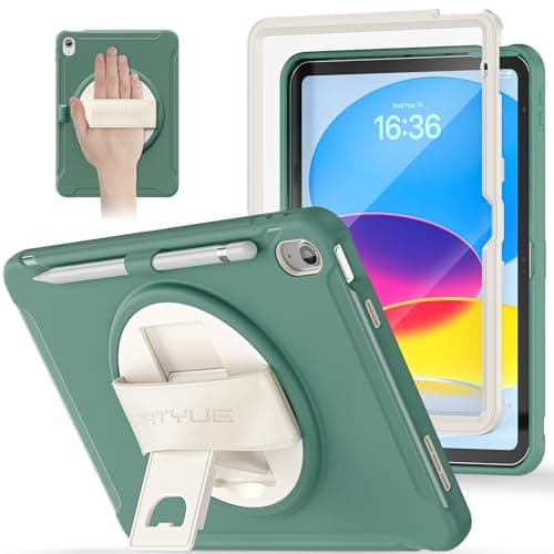BATYUE for iPad 10th/11th Gen (A16) Case, Heavy Duty, Leather Hand Strap, Multi-Angle Stand, Built-in Screen Protector, Pencil Holder, Easy Clean, Ideal for Personal & Business Use, Jade Green