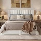 Garvee Queen Size Bed Frame, Velvet Upholstered Bed Frame with Wingback Headboard, 2 Storage Drawers, No Box Spring Needed, Beige