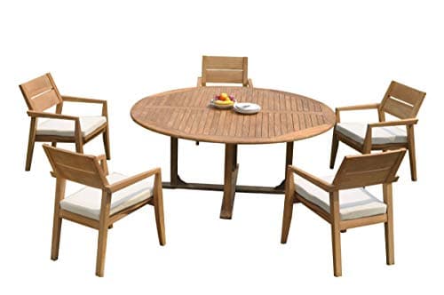 WholesaleTeakFurniture Grade-A Teak Wood 5 Seater 6 Pc Dining Set: 72" Round Table and 5 Vellore Stacking Arm Chairs #21VL1706