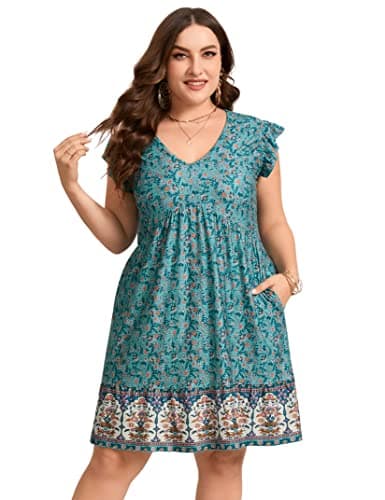 ShopWonder Womens Plus Size Casual V Neck Dress Loose Swing Ruffle Summer Boho Midi Dress with Pockets Turquoise Flower 3XL
