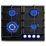 Gas Cooktop 24Inch, 4 Burners Gas Stove, Max 25592 BTU Built-in Cooktop NG/LPG Convertible with LED Knob, Plug-in, Cast Iron Grates, Black Tempered Glass