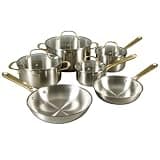 Oster Platinum Sunstreak Pots and Pans Set, 10-Piece Stainless Steel Cookware Set with Glass Strainer Lids and Gold Handles, Induction Cookware Set