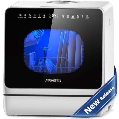 AIRMSEN Countertop Dishwasher - 8 Wash Programs & 3 Useful Function, Integrated Water Softener, Delayed Start, Child Lock, No Hookup Needed, Portable Mini Size for Home, Apartments & RVs