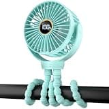 Portable Stroller Mini Fan, Small Rechargeable Personal Fan, Travel Essentials for Baby, Wagon, Car Seat, Treadmill, Battery Powered Biking Gear Accessories, 360° Rotation, 3-Speed, Display, Aqua