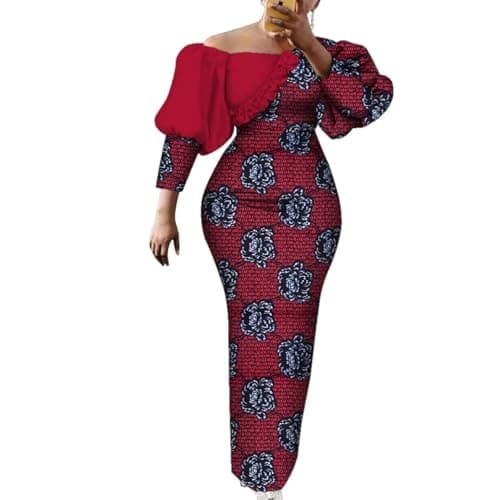 ABCWAX African Print Cotton Dress for Women Puff Sleeve Evening Dresses Elegant Bodycon Long Party Dress