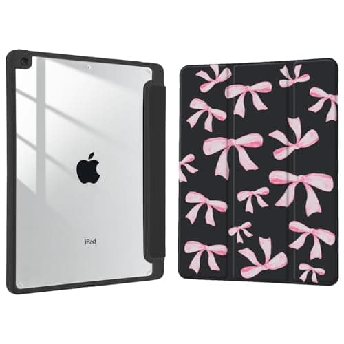 Joyland Light Pink Bow Pattern for iPad Air 5th/4th Generation 10.9 Inch 2022/2020,Built-in Pencil Holder with Shockproof Cover Clear Transparent Back Shell Auto Wake/Sleep,Black
