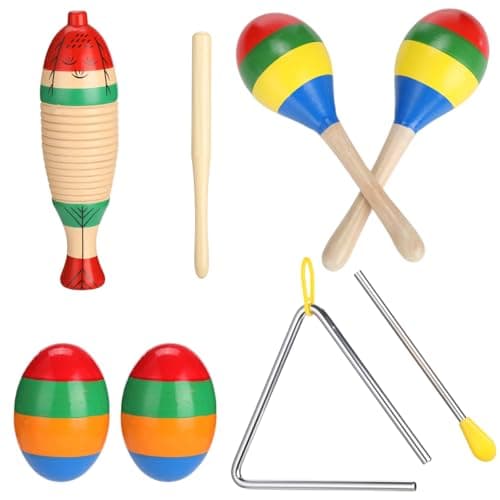 7 Pcs Colorful Wooden & Steel Latin Percussion Instrument Set, Includes 2 Guiros with Mallet, 2 Maracas, 2 Egg Shakers, and 1 Triangle with Striker, Rhythmic Musical Instruments for Adults, Beginner