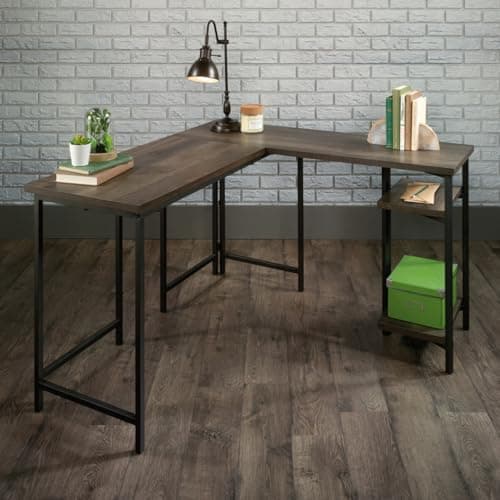 Hassyee Durable Construction L-Shaped Design Office Computer Desk, Industrial Style Study Writing Table with H-Shape Base and Adjustable Shelves, Easy to Assemble