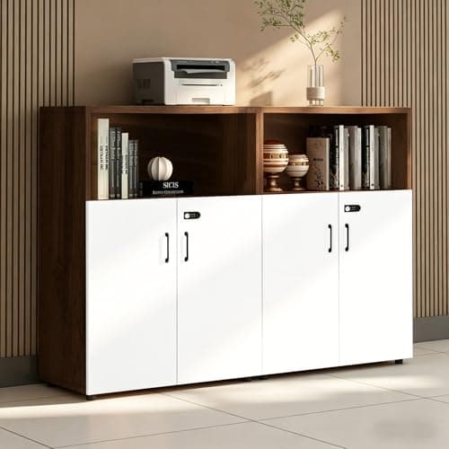 HSHBDDM File Cabinet with Password Lock, Wood Lateral Filing Cabinet for Letter/A4 Files, 3 Drawer with Door, Printer Stand with Open Shelves for Home Office