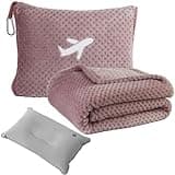 Nenolix 3 in 1 Travel Pillow and Blanket Set - 280 GSM Travel Blanket Airplane Compact with Bag, Inflatable Travel Pillow, Packable Airplane Blanket, Luggage Sleeve & Backpack Clip (Pink)