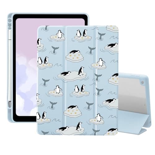 AdorableWhimsy Kawaii Penguin Case for iPad 5th/6th Generation(2017/2018) for iPad Air 1st/ Air 2nd 9.7" with Pencil Holder Trifold Stand Blue Leather Girly Cover Clear Back Cute Animal Case