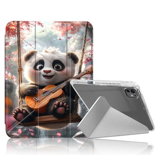 DISUOFEART for iPad Pro 11 inch Case 2024, Panda Cub on Swing with Ukulele Stylish Clear Protective Cover with Pencil Holder, Multi-Angle Folding Y-Shaped Stand & Auto Sleep/Wake Function