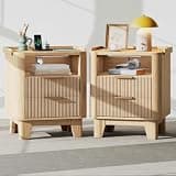 Baoz Fluted Nightstand Set of 2 with Charging Station & Drawers,Natural Oak