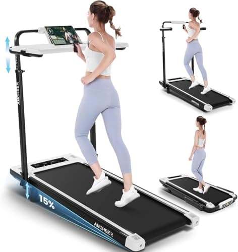 ANCHEER 15% Incline Walking Pad Treadmill with Desk Workstation & Adjustable Height, Portable Treadmills for Home 450 lbs Weight Capacity, 3.5HP Quiet Walking Pad with Desk, Installation in 4 Steps