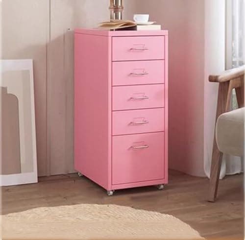 Mobile Metal Rolling File Cabinet with Lock and Casters, Vertical File Storage On Wheels, Under Desk Printer Stand for Home Office Organization Pink 27 * 16 * 11inch