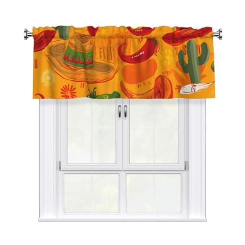 FHEDVBN Cactus Hat and Chili Pepper Curtain Valance for Windows, Rod Pocket Drape Valences Window Treatments 1 Panel Blackout Short Curtains for Kitchen Bathroom Bedroom Home Decor 54x18 Inch