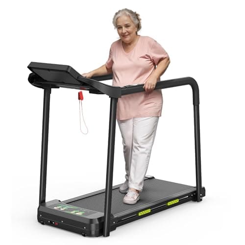Senior Walking Treadmills for Home, Treadmill with Detachable Extended Handrails & Shock Absorption for Elderly, Foldable Portable Treadmills with Large LED Display, 300LBS Capacity