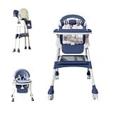 Foldable 4-in-1 Baby High Chair for Babies & Toddlers, High Chair with Detachable PU Cushion, Removable Tray, Adjustable Height, Locking Wheels,Blue