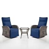 Dual-Adjust Swivel Outdoor Recliner Chair Set of 3 - Reclining Patio Chair with Adjustable Backrest and Footrest, All-Weather Wicker Chaise Lounge Outdoor with Side Table for Pool Deck Brown and Blue