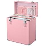 Hododou Record Storage Case Holds 30+ Single Records(12-inch) Vinyl Turntable Records Heavy-Duty Hardware Hinges Smart Metal Corners Portable with Lid Handle Mesh Pouch for Valuable Album Collection