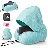 Travel Pillow with Extra Large Hood for Airplane Long Flights Privacy and Comfort Memory Foam with Skin-Friendly Cover for Road Trip Head&Neck Support for Plane Office Cars Sleeping & Rest (Mint Blue)