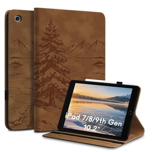 iPad 9th / 8th / 7th Generation Case(10.2" Inch), Premium Leather Made iPad Case with Kickstand & Wake/Sleep Function, Precise Cutouts for Touch ID, Frozen Lake Cover for Kids and Adults Brown