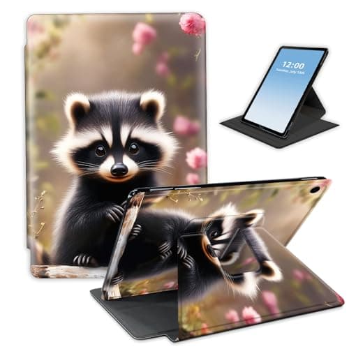 HGGJFLYX for iPad 10.2 inch 2021/2020/2019,360 Degree Rotating Multi-Angle Viewing Stand Leather Cover 10.2" for iPad 7th/8th/9th Generation,Auto Sleep/Wake,Raccoon in Blossom Grove