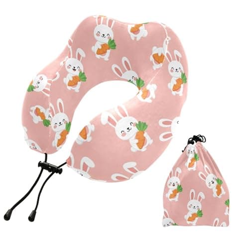 Emelivor Cartoon Rabbit Pink Print Travel Pillow Memory Foam Neck Pillow with Storage Bag Portable Neck Support Pillows for Airplane Sleeping Car Train Home Office Travel Essentials